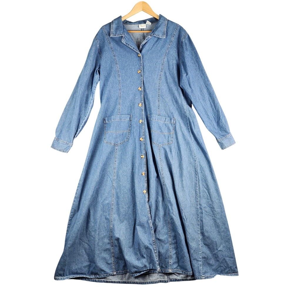 Styleworks Denim Maxi Dress Women 20 Blue Long Sleeve Button Front Cotton Pocket